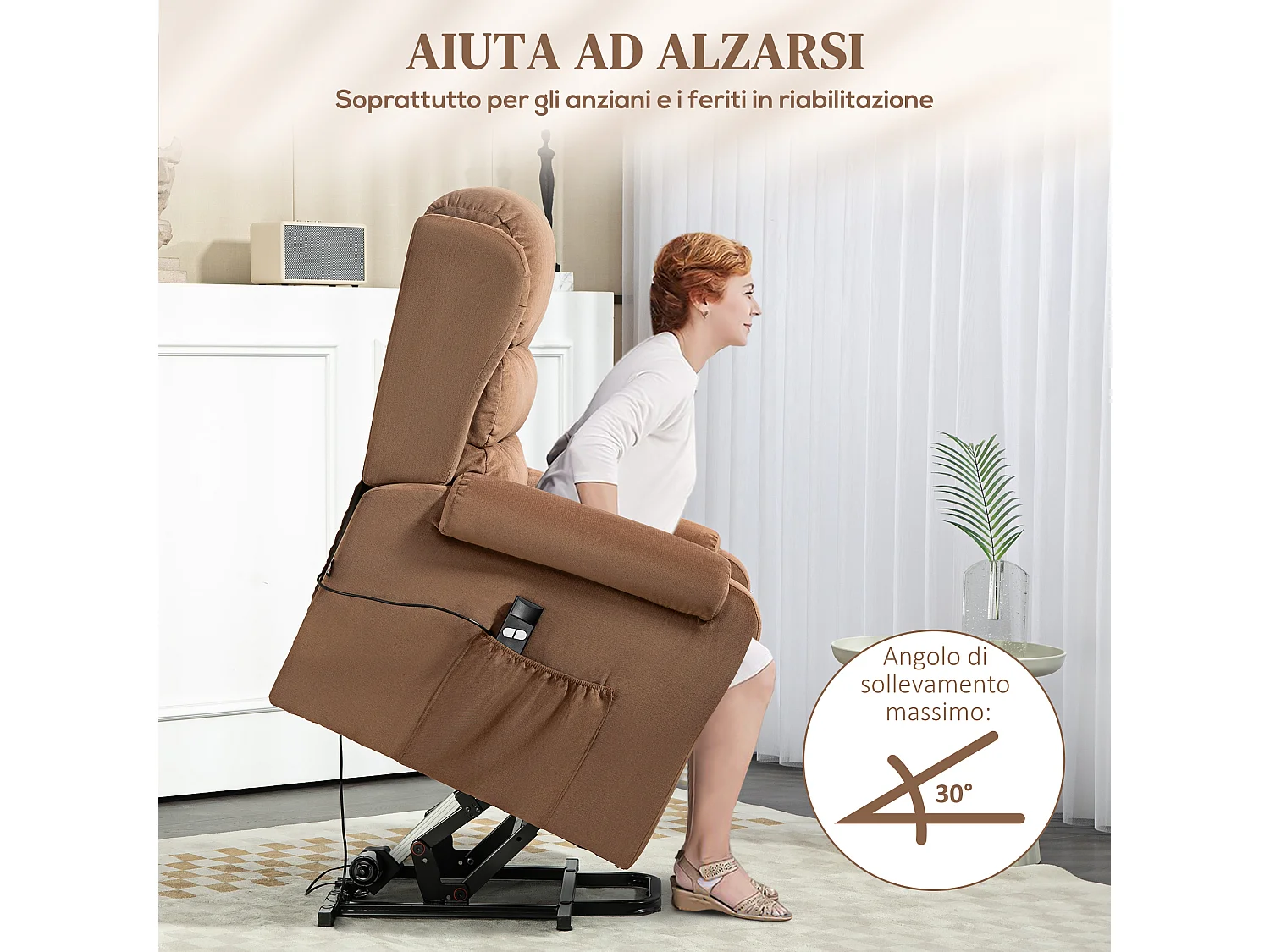 Poltrona alzapersona reclinabile a 160° con poggiapiedi marrone scuro