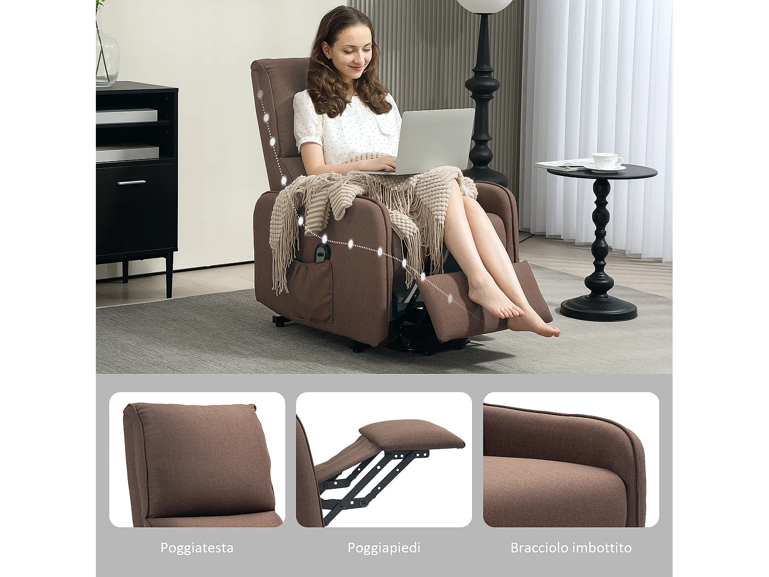 Poltrona alzapersona elettrica e reclinabile con telecomando marrone