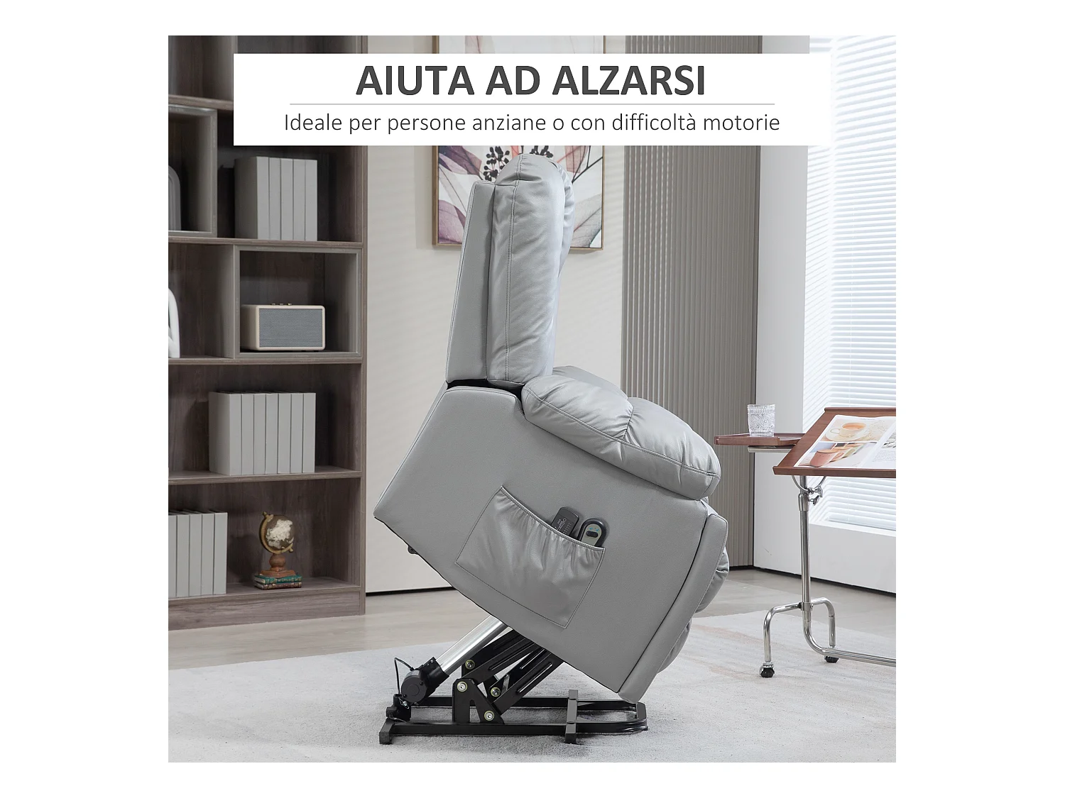 Poltrona alzapersona reclinabile in microfibra grigio con telecomando