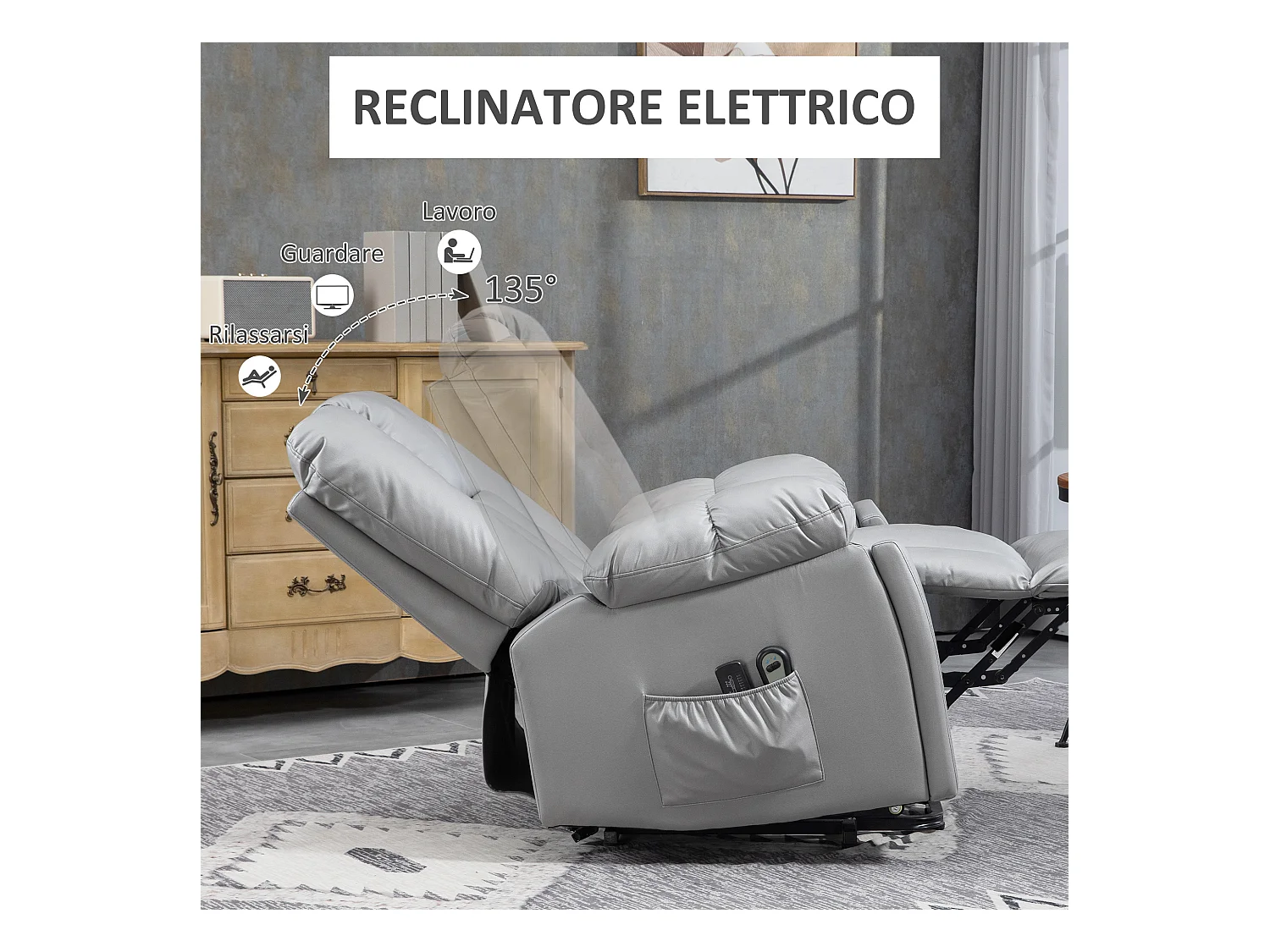 Poltrona alzapersona reclinabile in microfibra grigio con telecomando