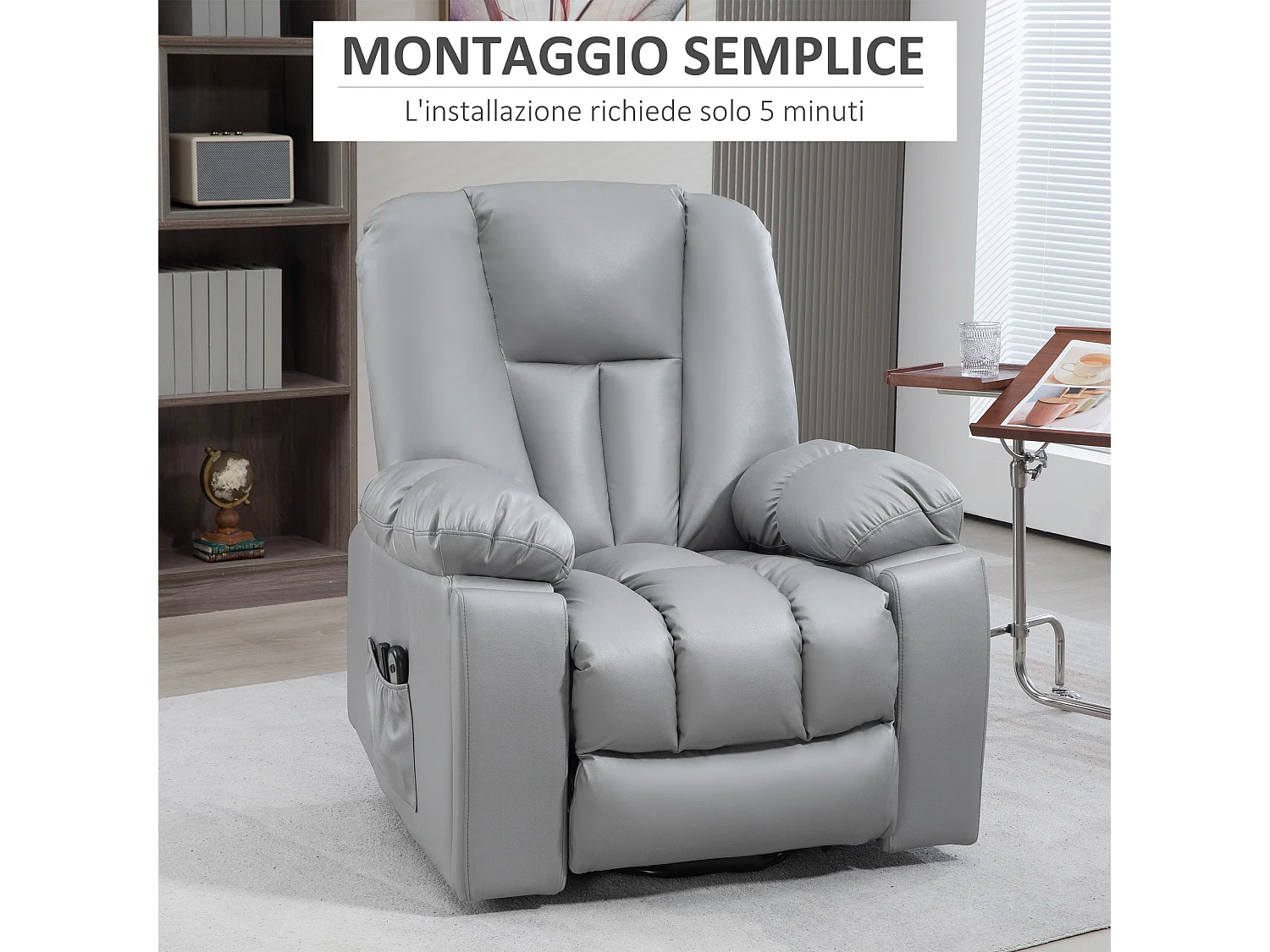 Poltrona alzapersona reclinabile in microfibra grigio con telecomando