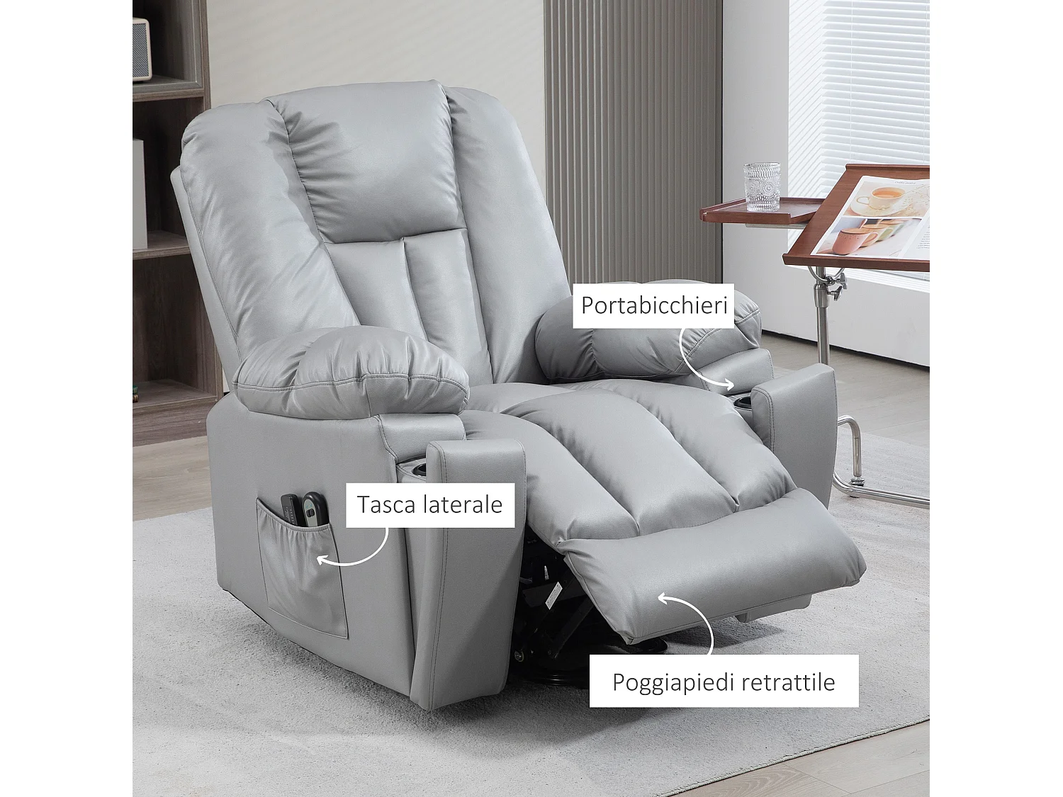 Poltrona alzapersona reclinabile in microfibra grigio con telecomando