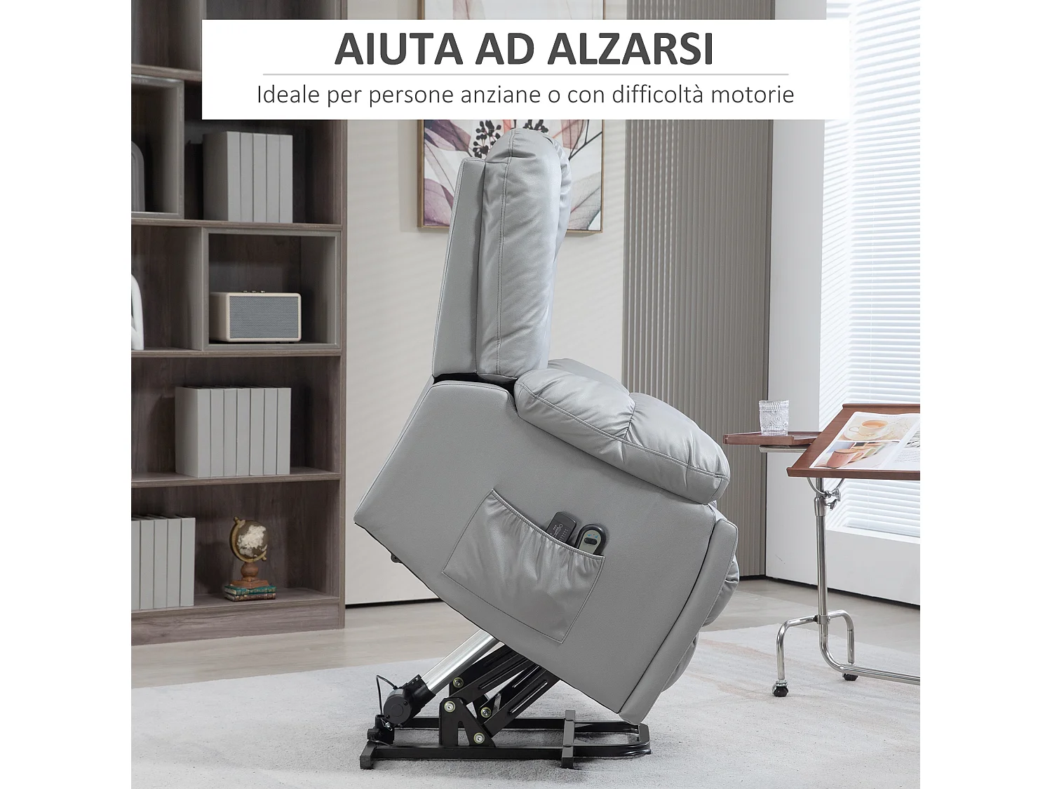 Poltrona alzapersona reclinabile in microfibra grigio con telecomando