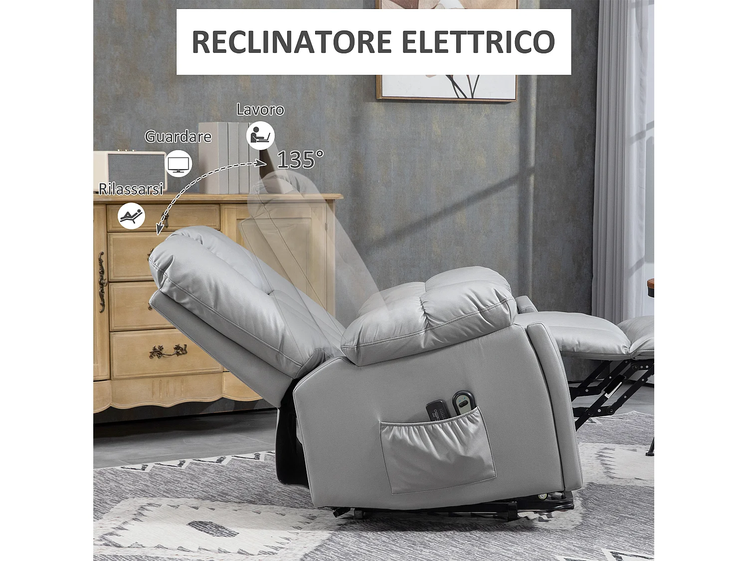 Poltrona alzapersona reclinabile in microfibra grigio con telecomando