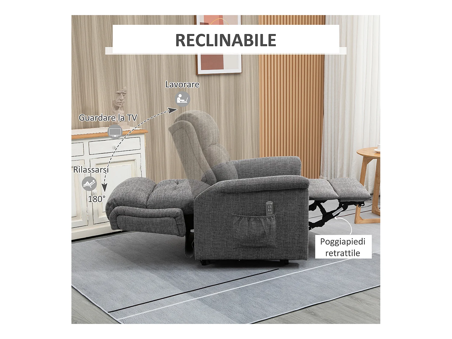 Poltrona relax alzapersona reclinabile con poggiapiedi grigia