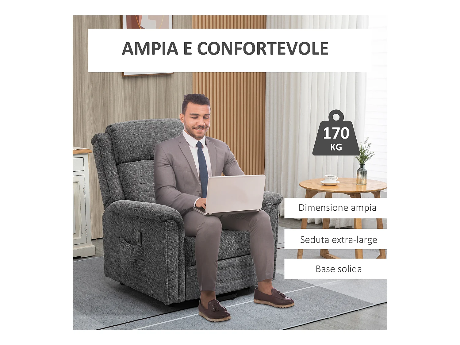 Poltrona relax alzapersona reclinabile con poggiapiedi grigia