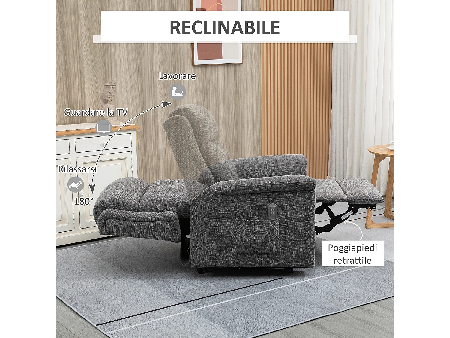 Poltrona relax alzapersona reclinabile con poggiapiedi grigia