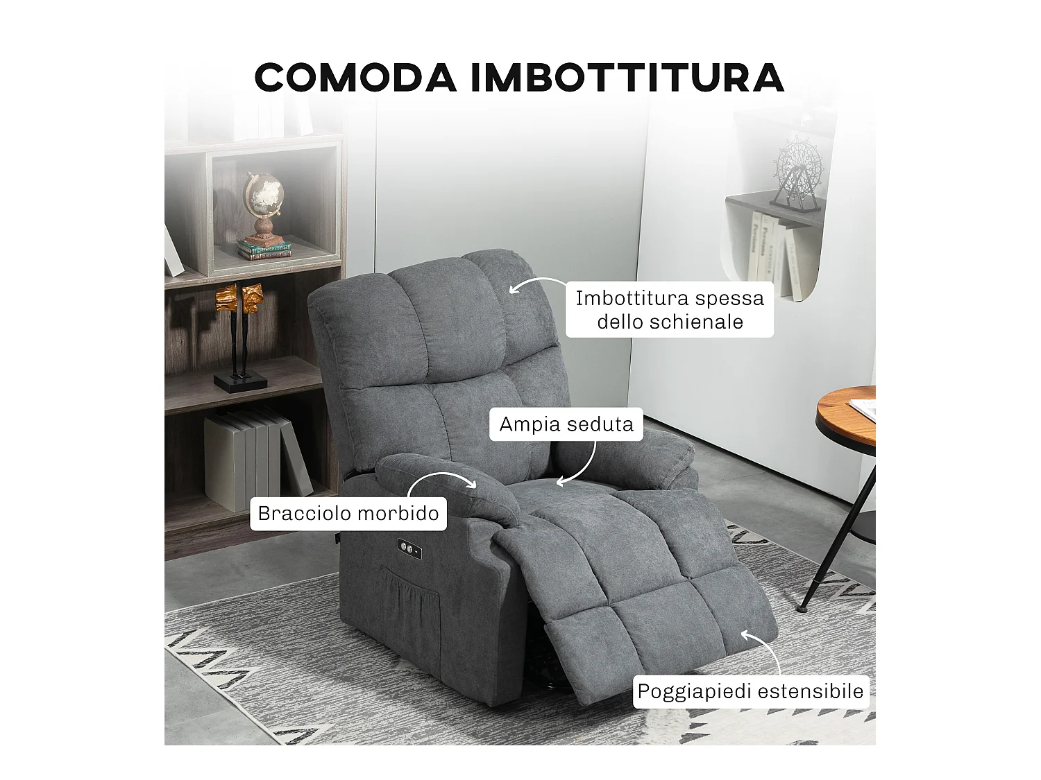 Poltrona alzapersona con poggiapiedi grigio scuro