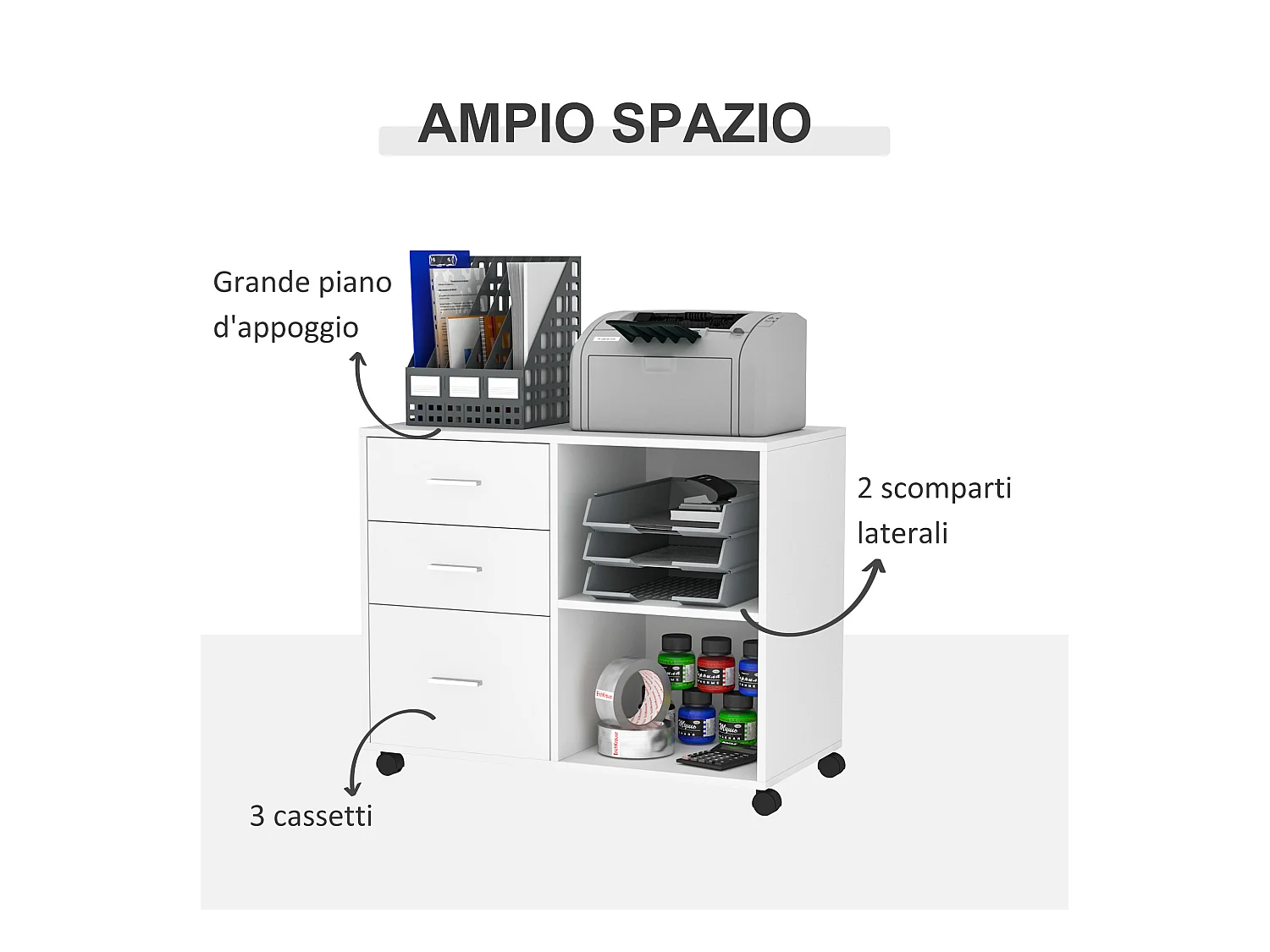 Mobile porta stampante ufficio multiuso in legno bianco