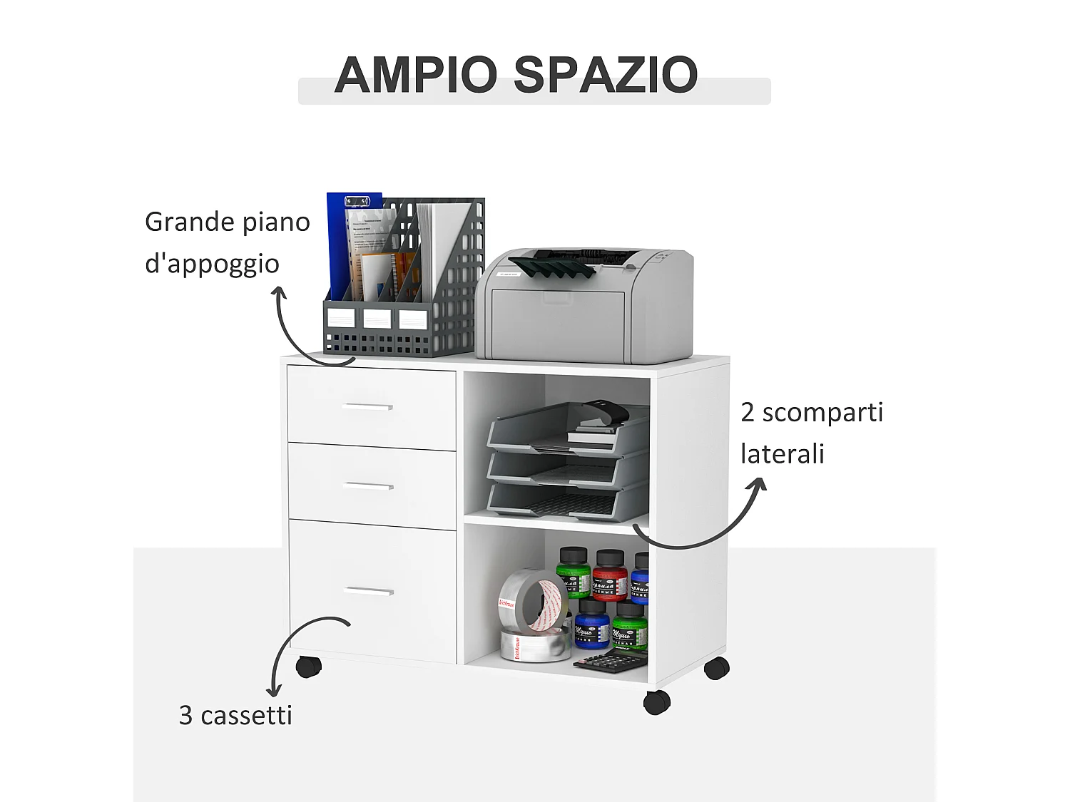 Mobile porta stampante ufficio multiuso in legno bianco