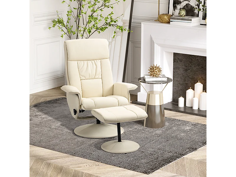 Poltrona reclinabile a 135° con seduta girevole e pouf crema