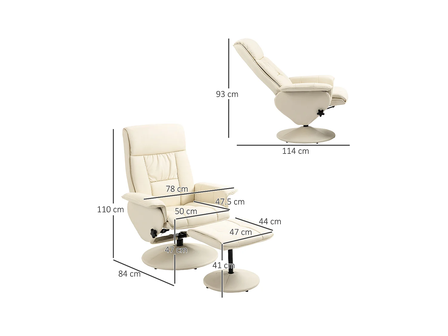 Poltrona reclinabile a 135° con seduta girevole e pouf crema