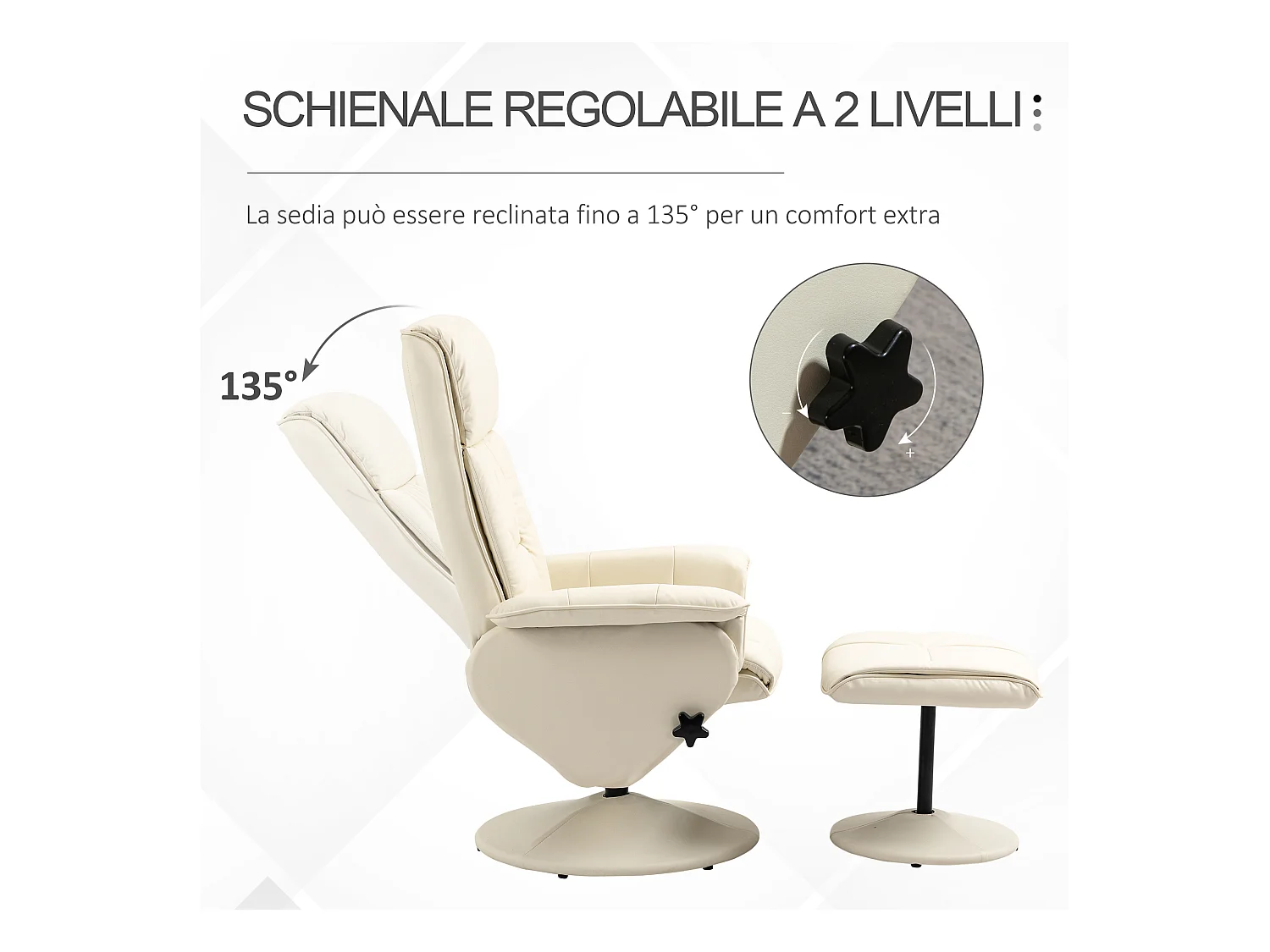 Poltrona reclinabile a 135° con seduta girevole e pouf crema