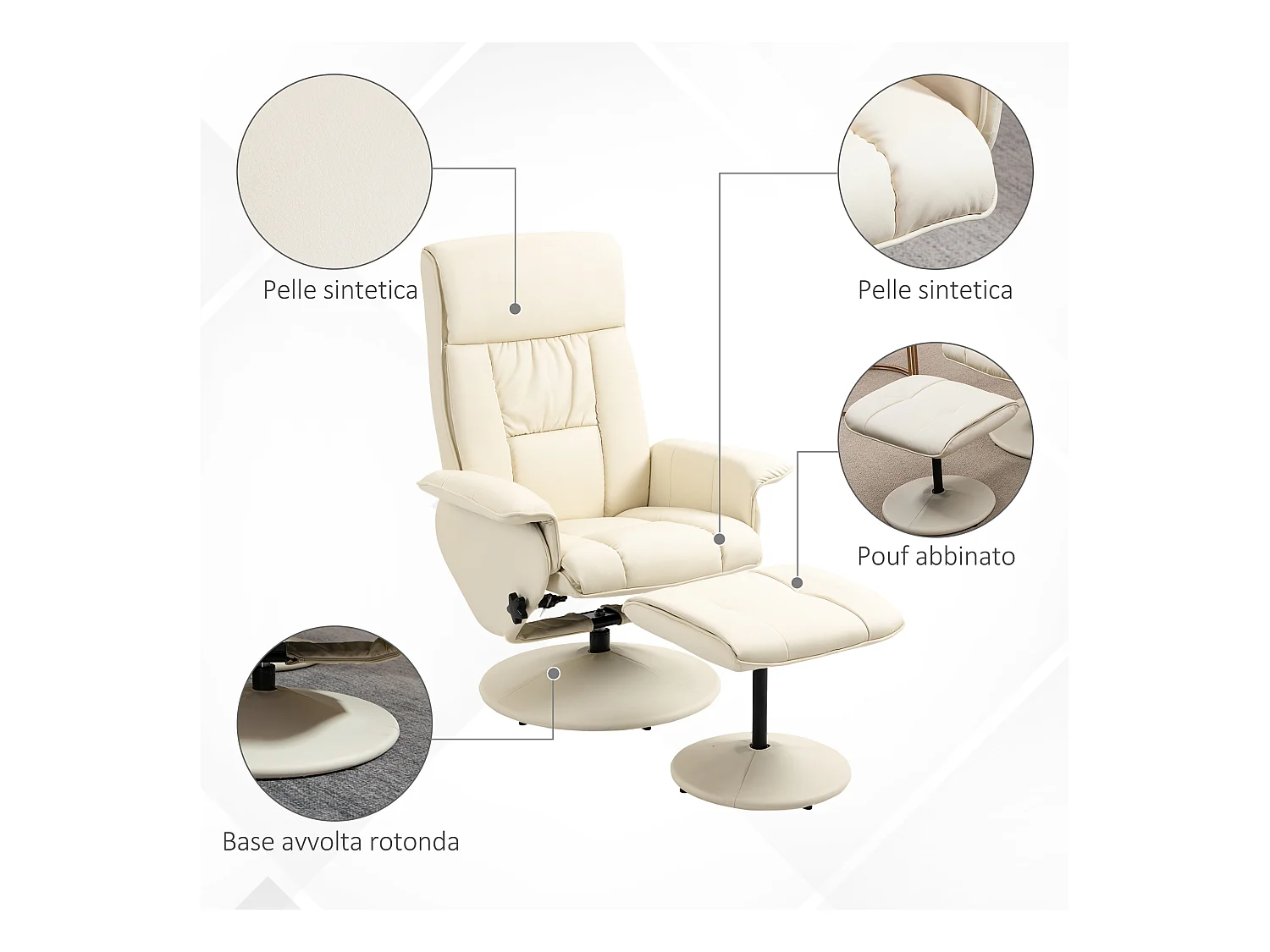 Poltrona reclinabile a 135° con seduta girevole e pouf crema