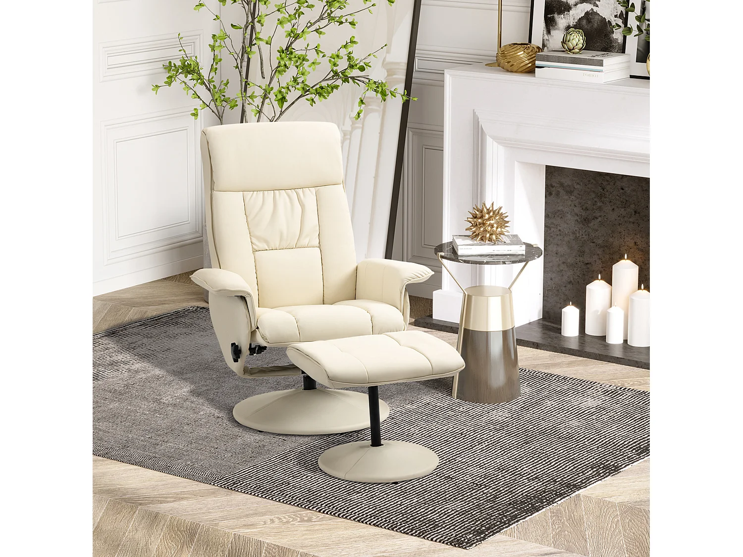 Poltrona reclinabile a 135° con seduta girevole e pouf crema