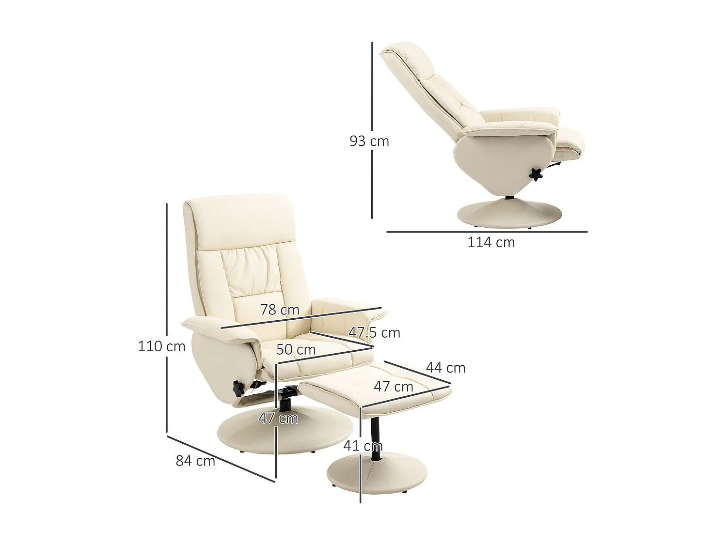 Poltrona reclinabile a 135° con seduta girevole e pouf crema