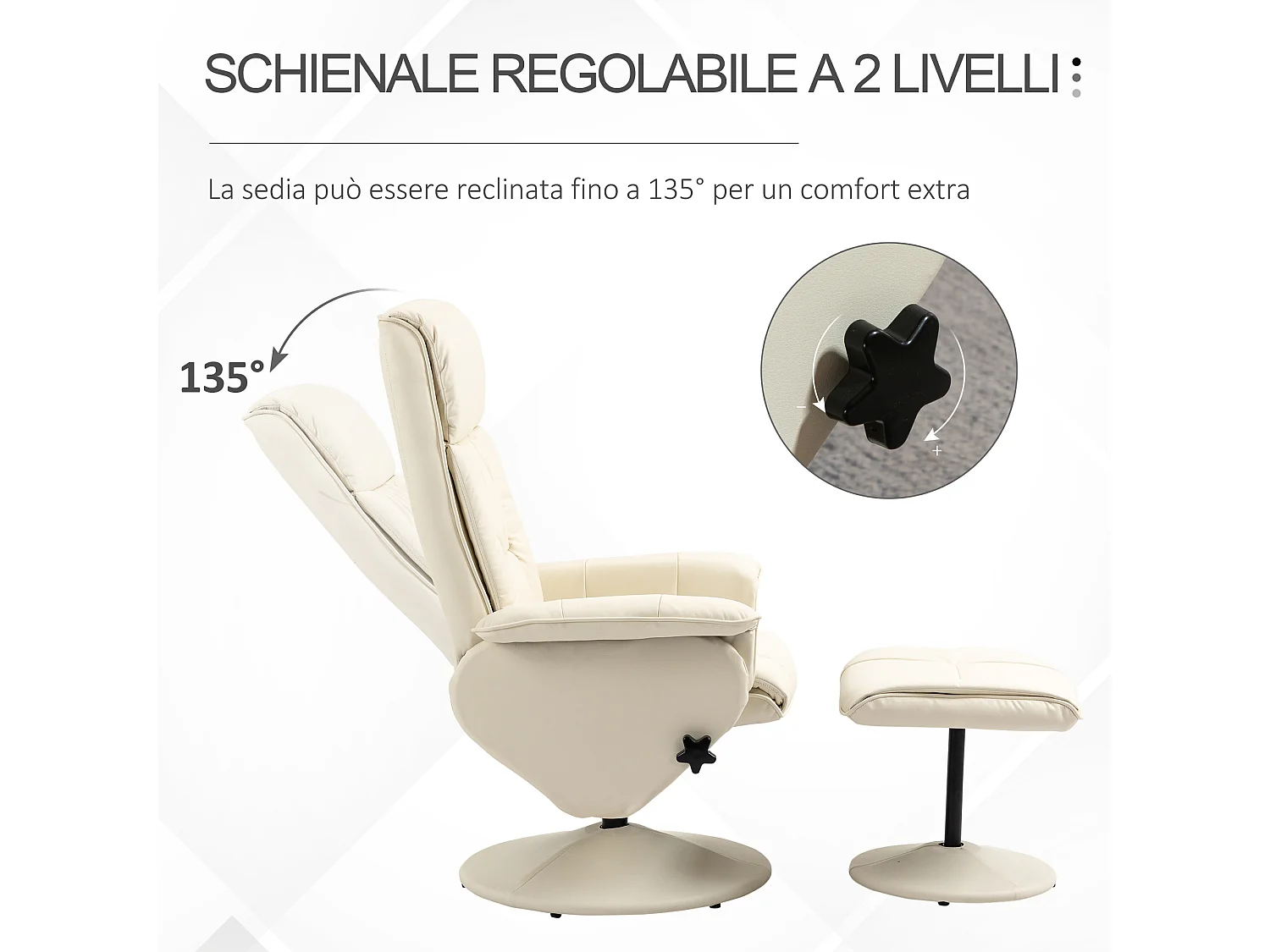 Poltrona reclinabile a 135° con seduta girevole e pouf crema