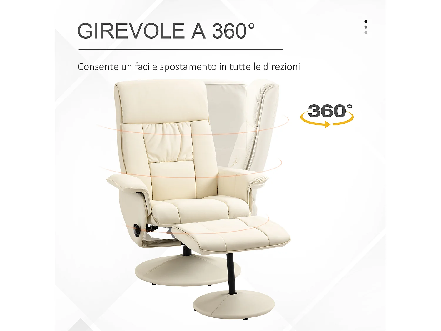 Poltrona reclinabile a 135° con seduta girevole e pouf crema