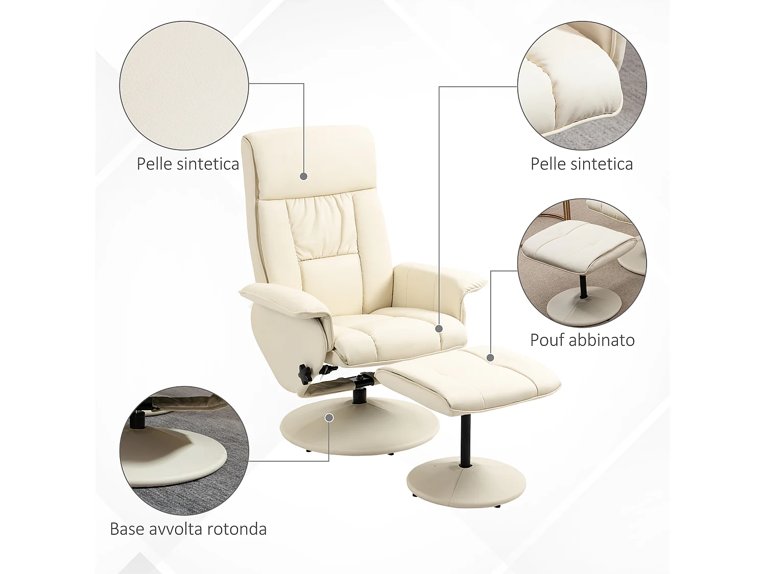 Poltrona reclinabile a 135° con seduta girevole e pouf crema