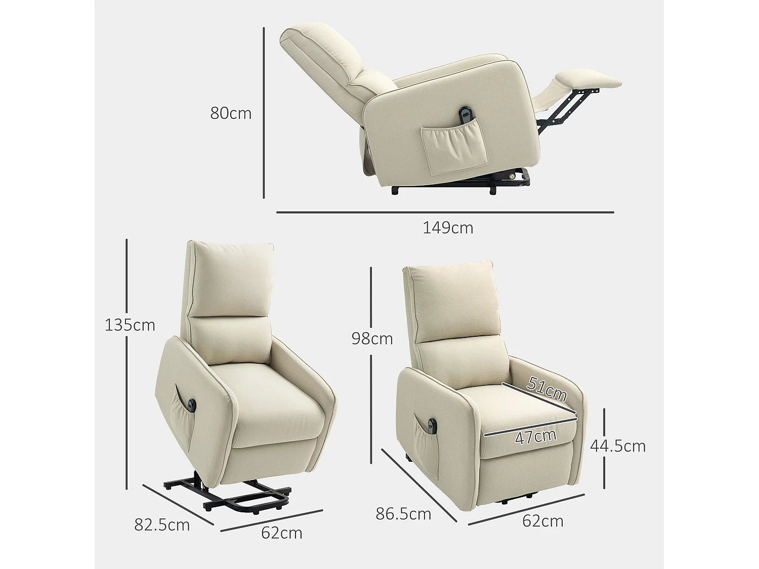 Poltrona alzapersona elettrica e reclinabile con telecomando beige