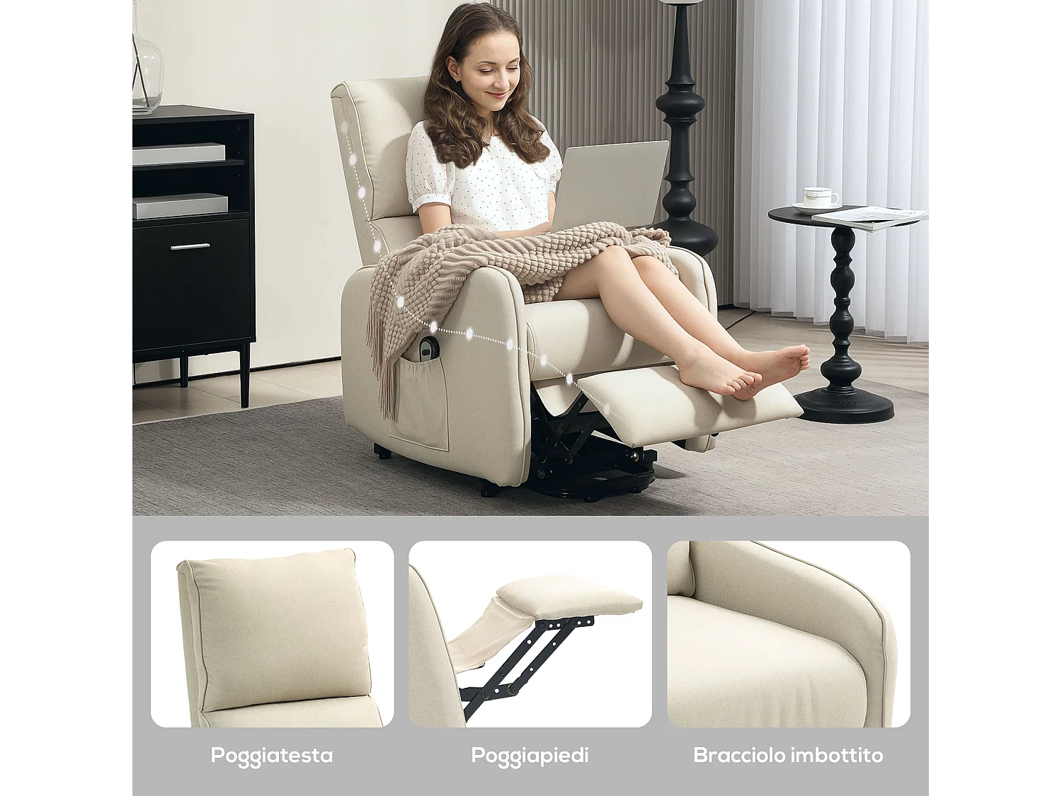 Poltrona alzapersona elettrica e reclinabile con telecomando beige