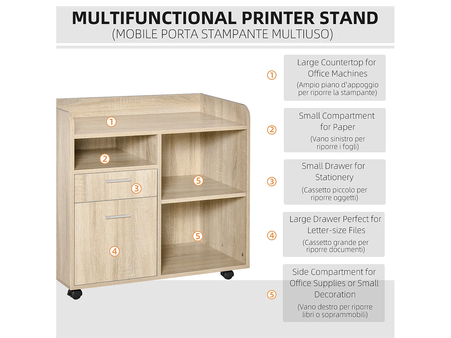 Mobile porta stampante ufficio multiuso rovere