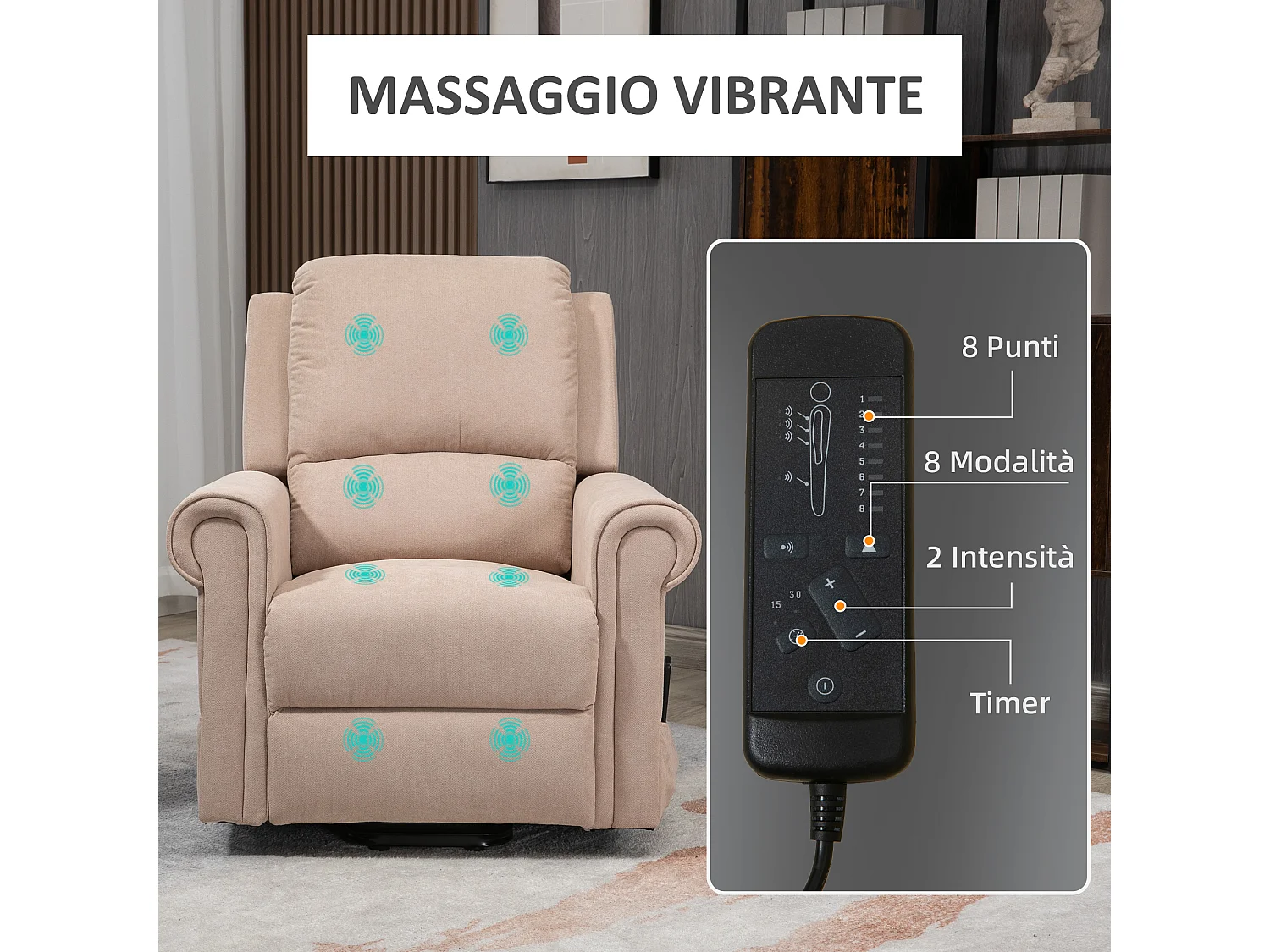 Poltrona alzapersona massaggiante e reclinabile a 135° marrone chiaro