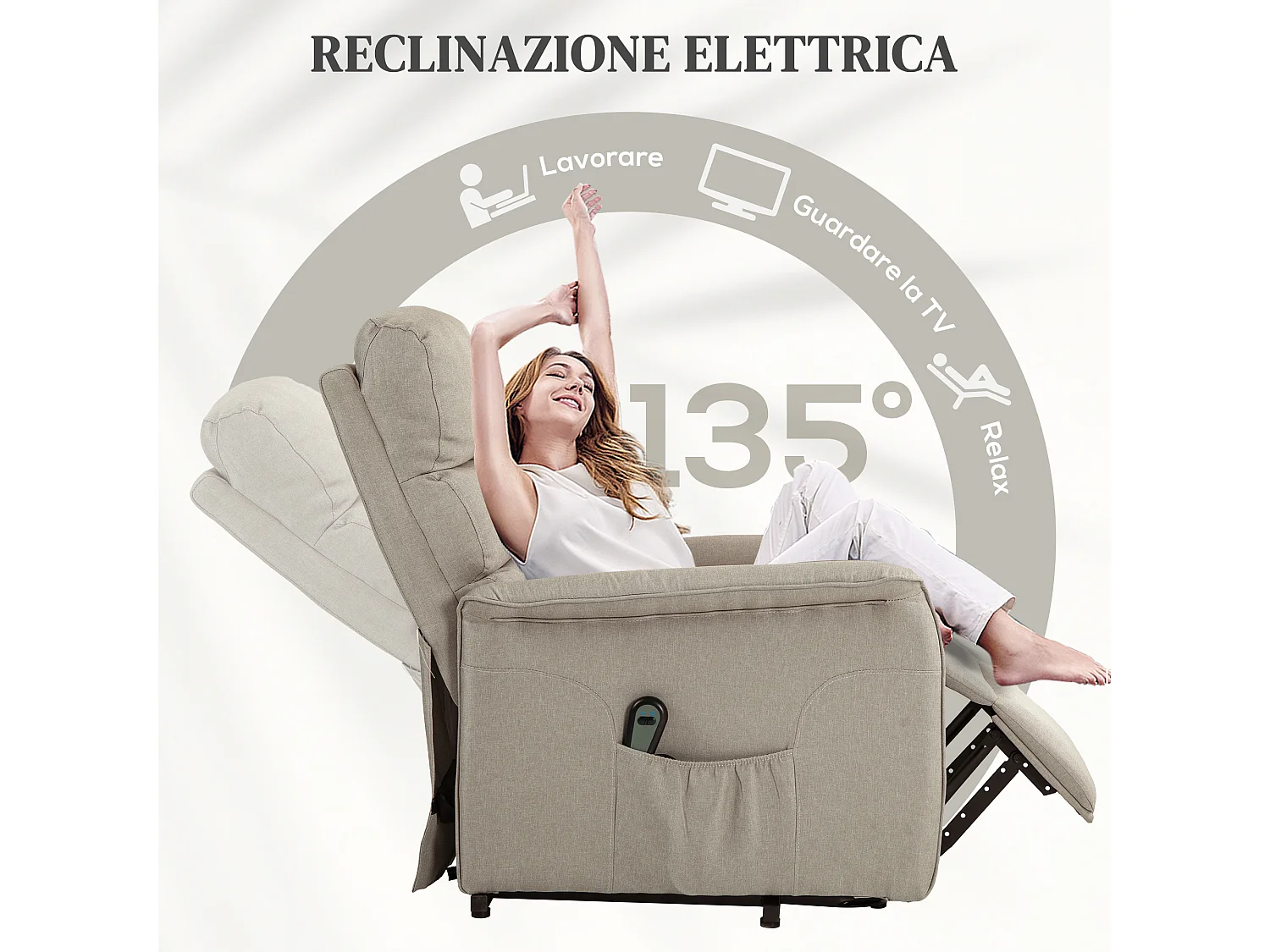 Poltrona alzapersona reclinabile con poggiapiedi e telecomando beige