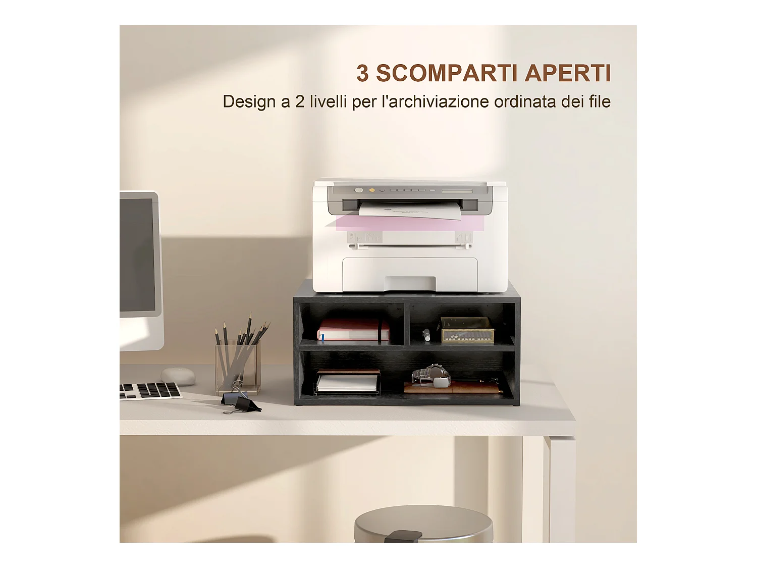 Mobile porta stampante con 3 ripiani aperti a 2 livelli nero