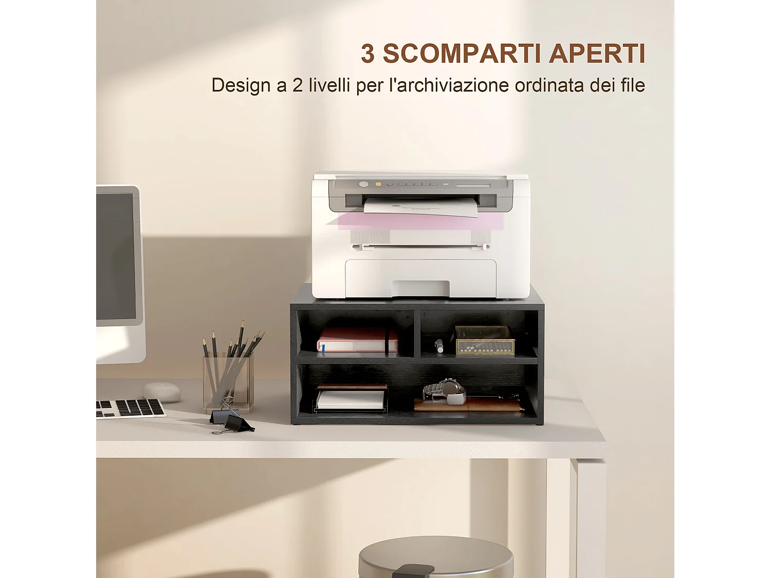 Mobile porta stampante con 3 ripiani aperti a 2 livelli nero