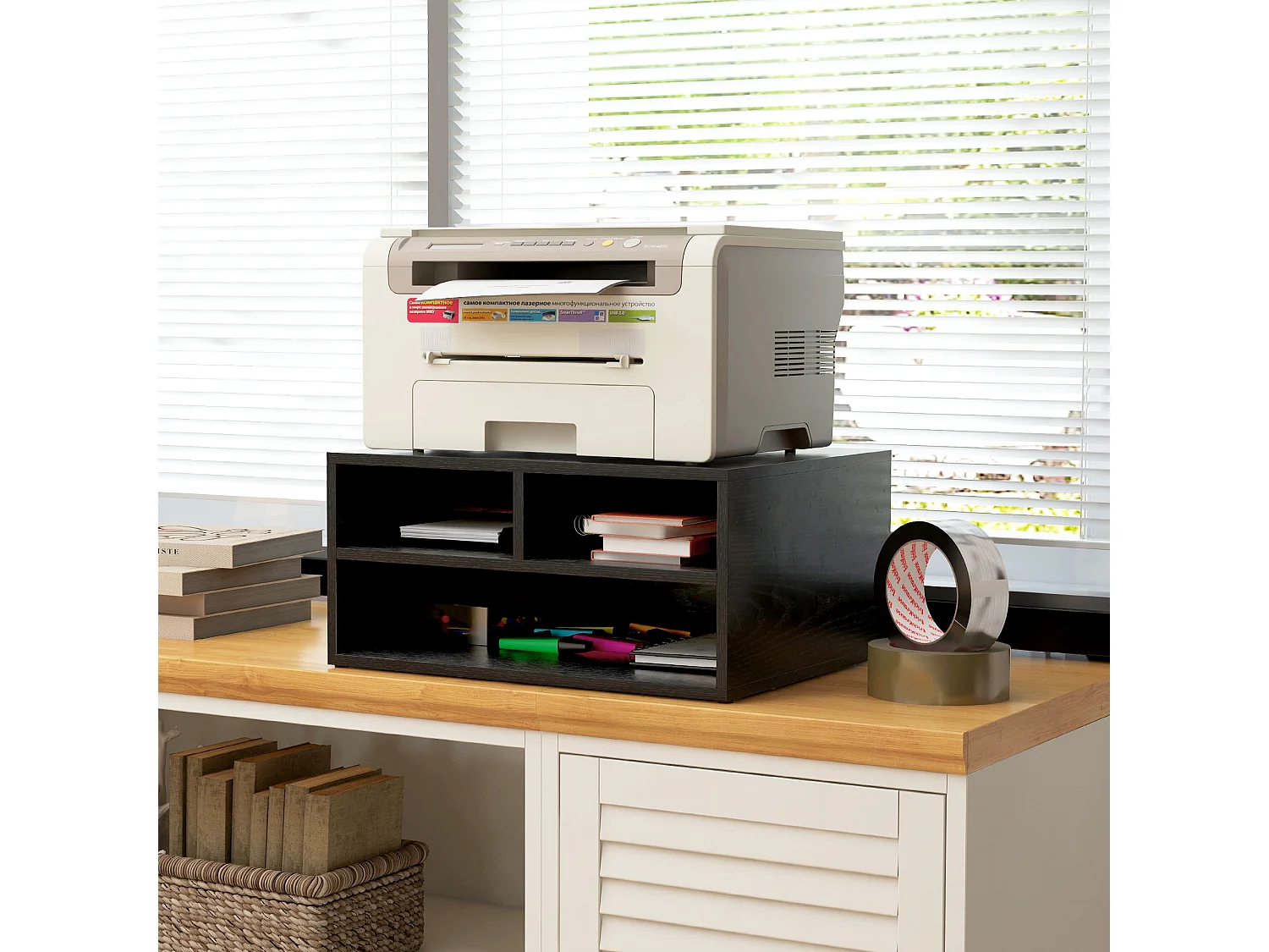 Mobile porta stampante con 3 ripiani aperti a 2 livelli nero