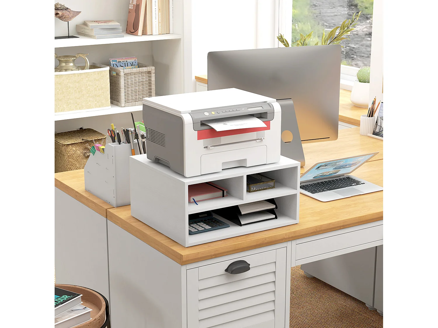 Mobile porta stampante con 3 ripiani aperti a 2 livelli bianco