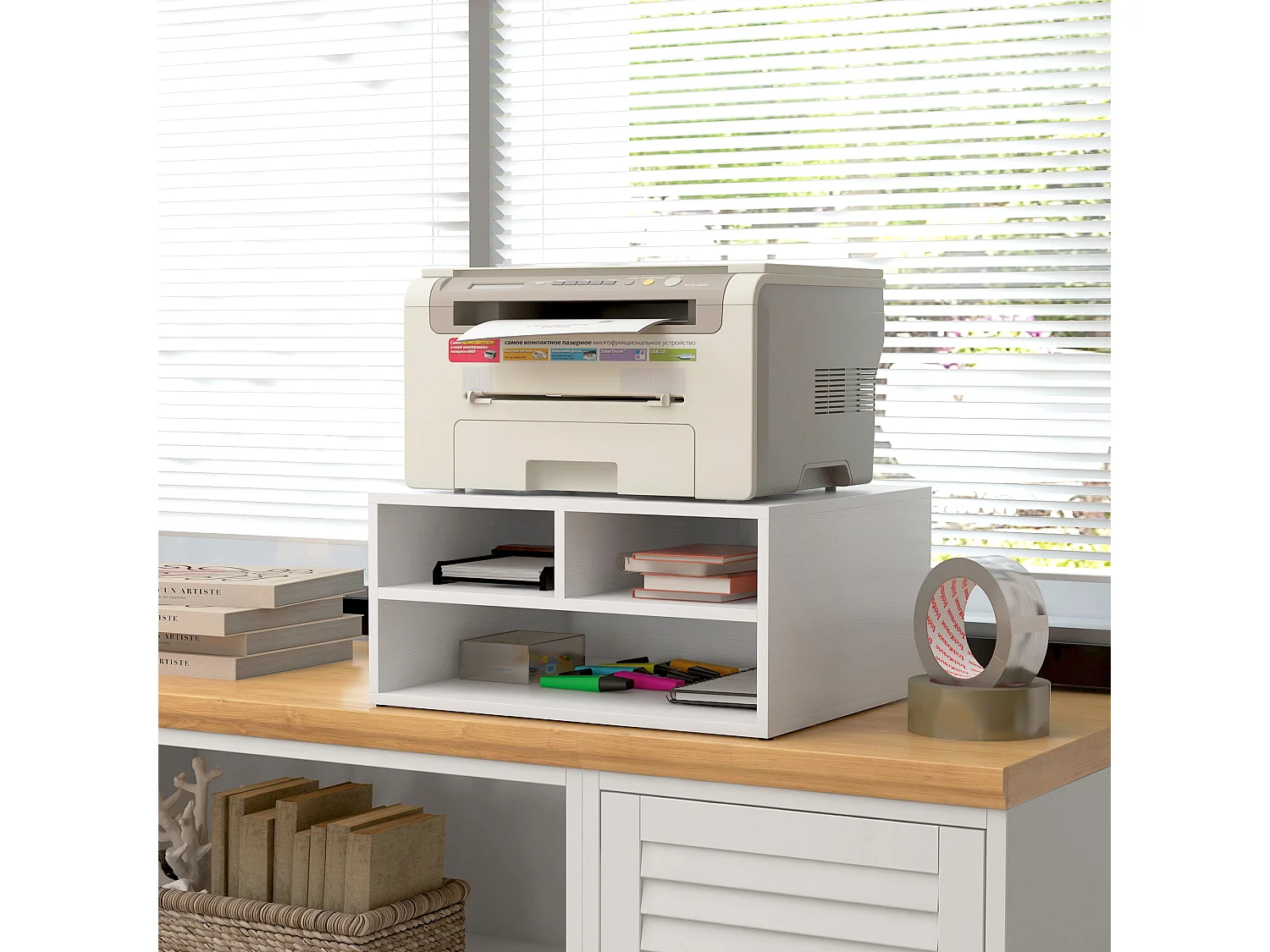 Mobile porta stampante con 3 ripiani aperti a 2 livelli bianco