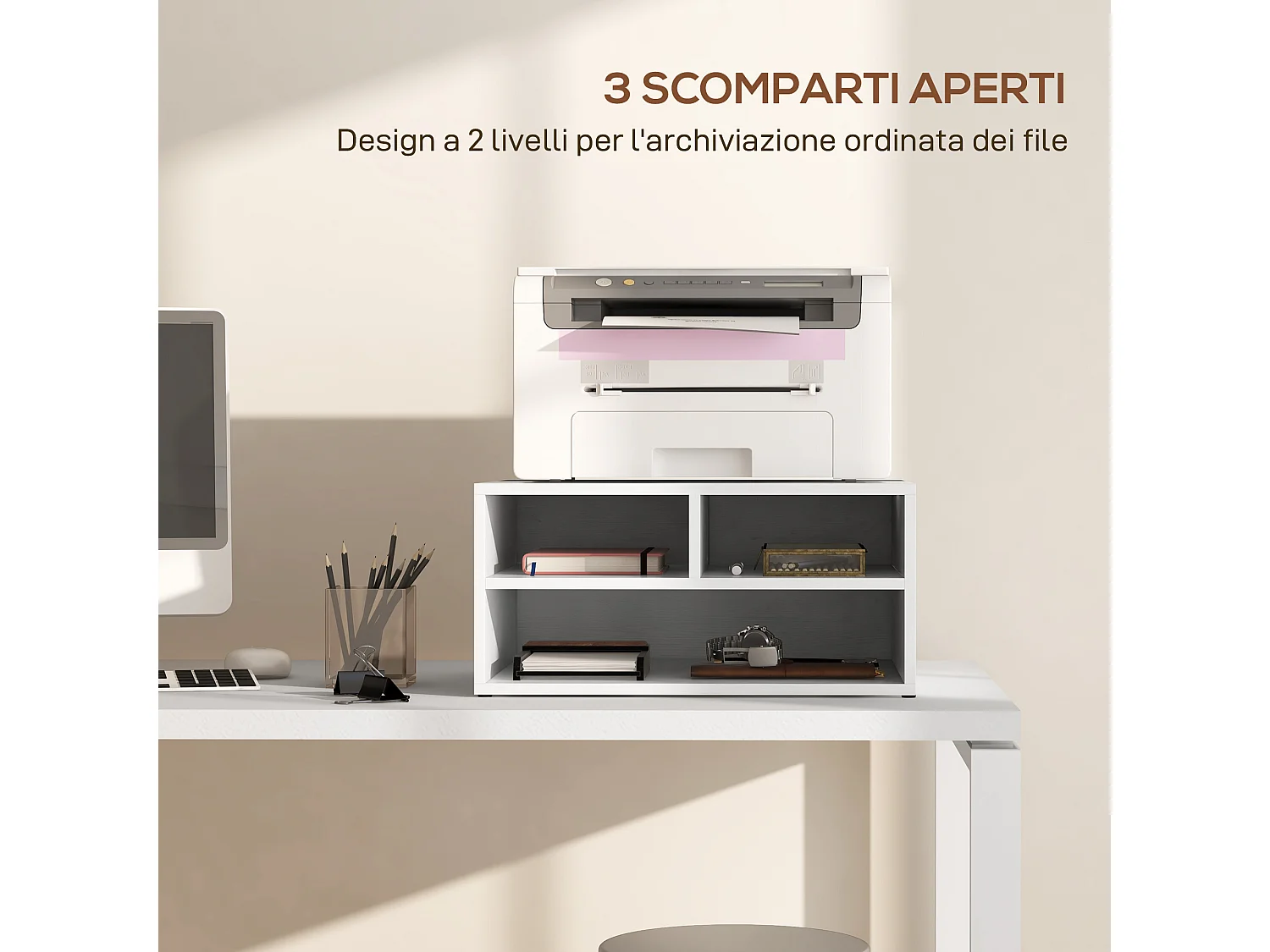 Mobile porta stampante con 3 ripiani aperti a 2 livelli bianco