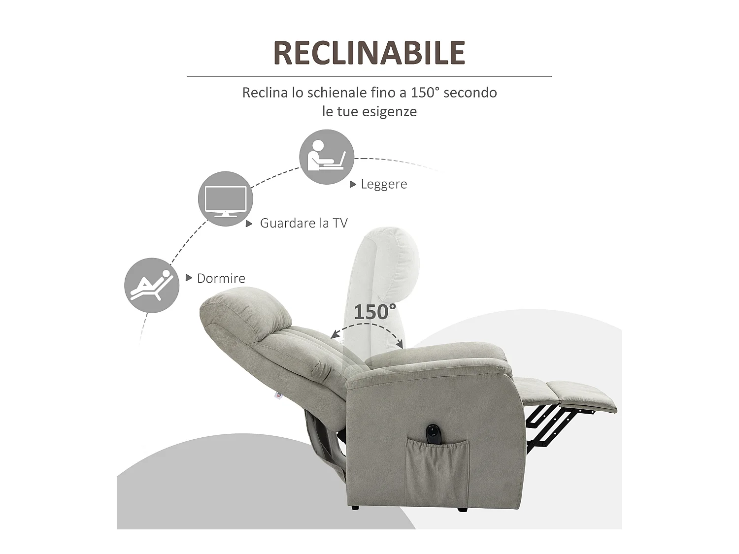Poltrona alzapersona reclinabile 150° con telecomando grigia