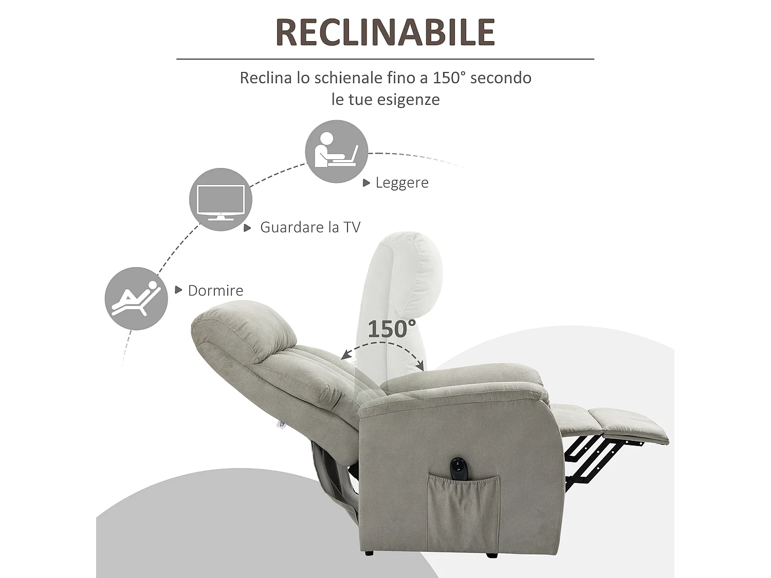 Poltrona alzapersona reclinabile 150° con telecomando grigia
