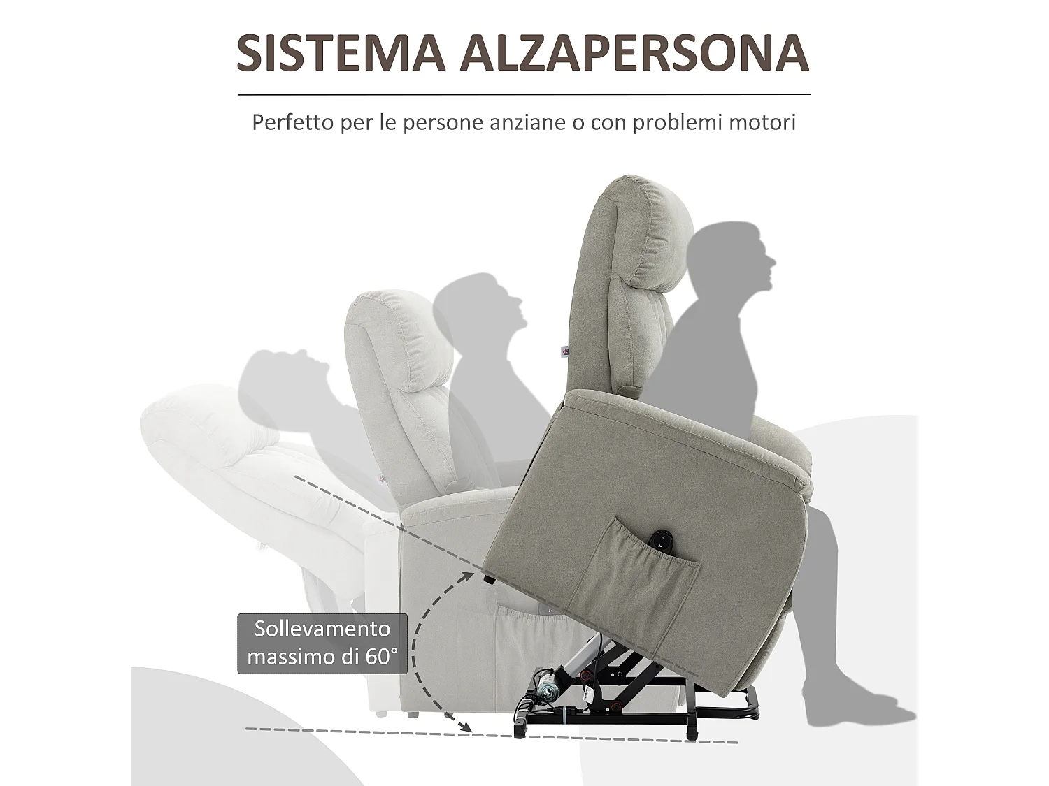 Poltrona alzapersona reclinabile 150° con telecomando grigia