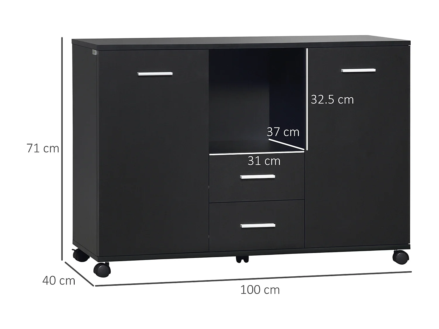 Armadietto porta stampante con ruote 360° in legno nero