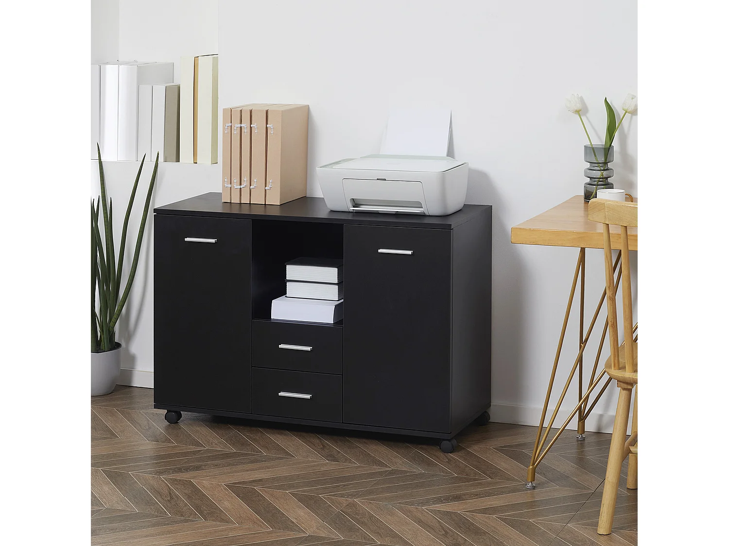 Armadietto porta stampante con ruote 360° in legno nero