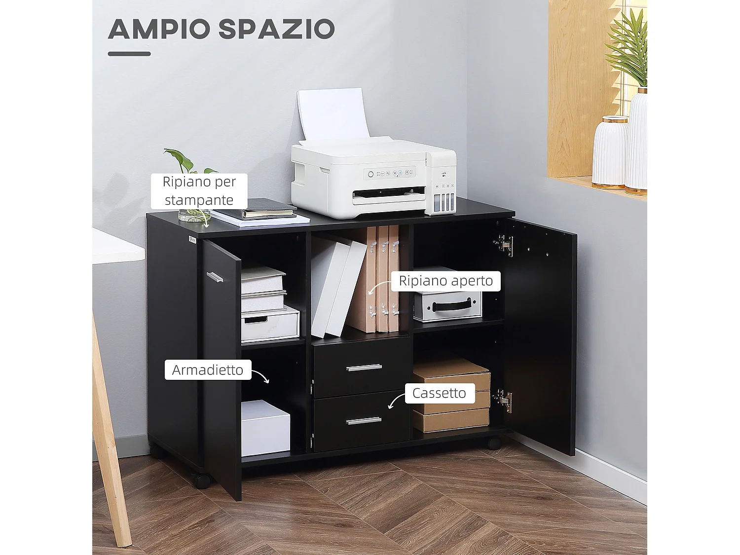 Armadietto porta stampante con ruote 360° in legno nero