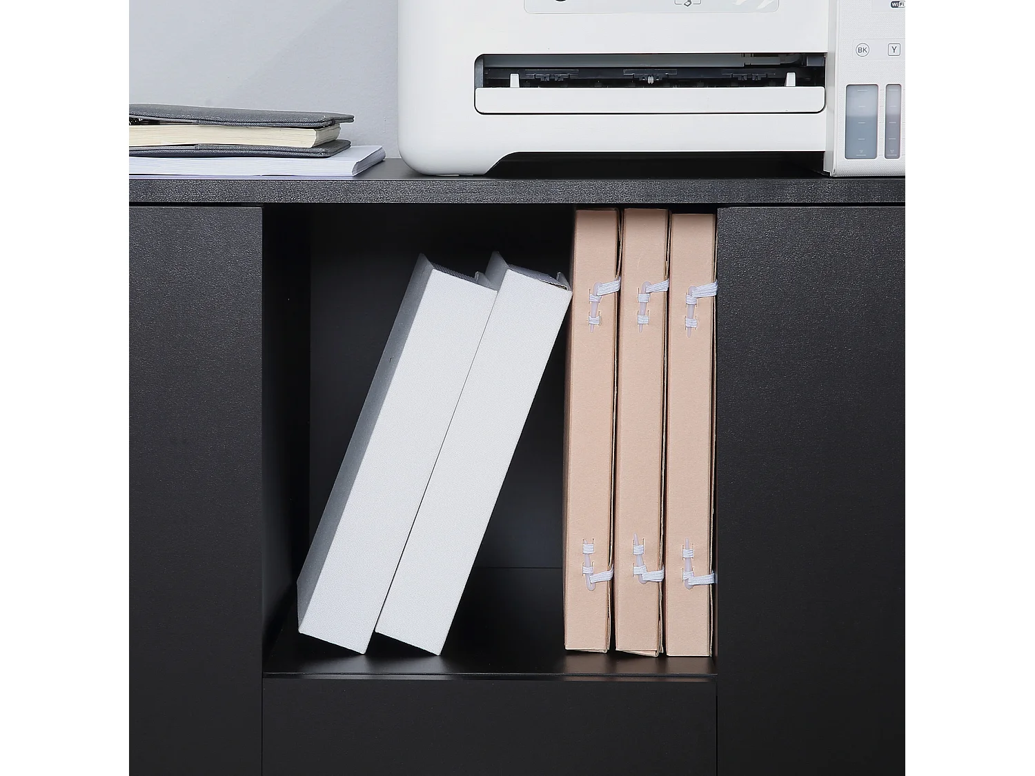 Armadietto porta stampante con ruote 360° in legno nero