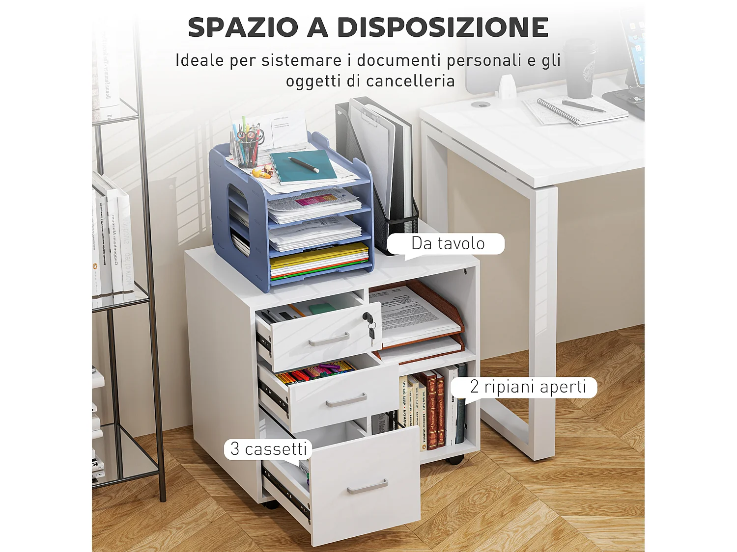 Cassettiera portadocumenti con 3 cassetti e serratura con chiavi