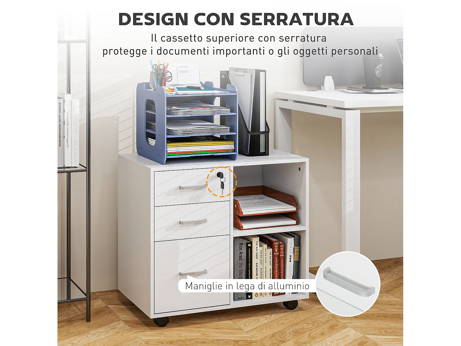 Cassettiera portadocumenti con 3 cassetti e serratura con chiavi