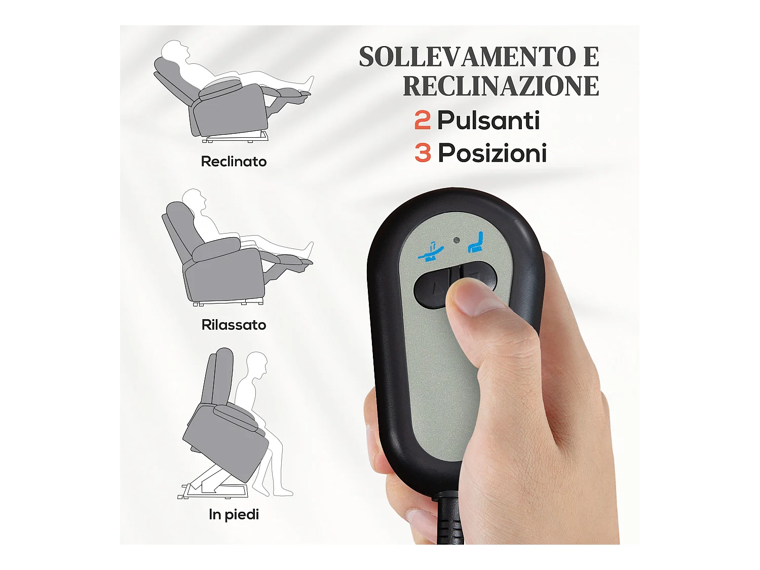 Poltrona alzapersona e reclinabile con telecomando in tessuto grigio