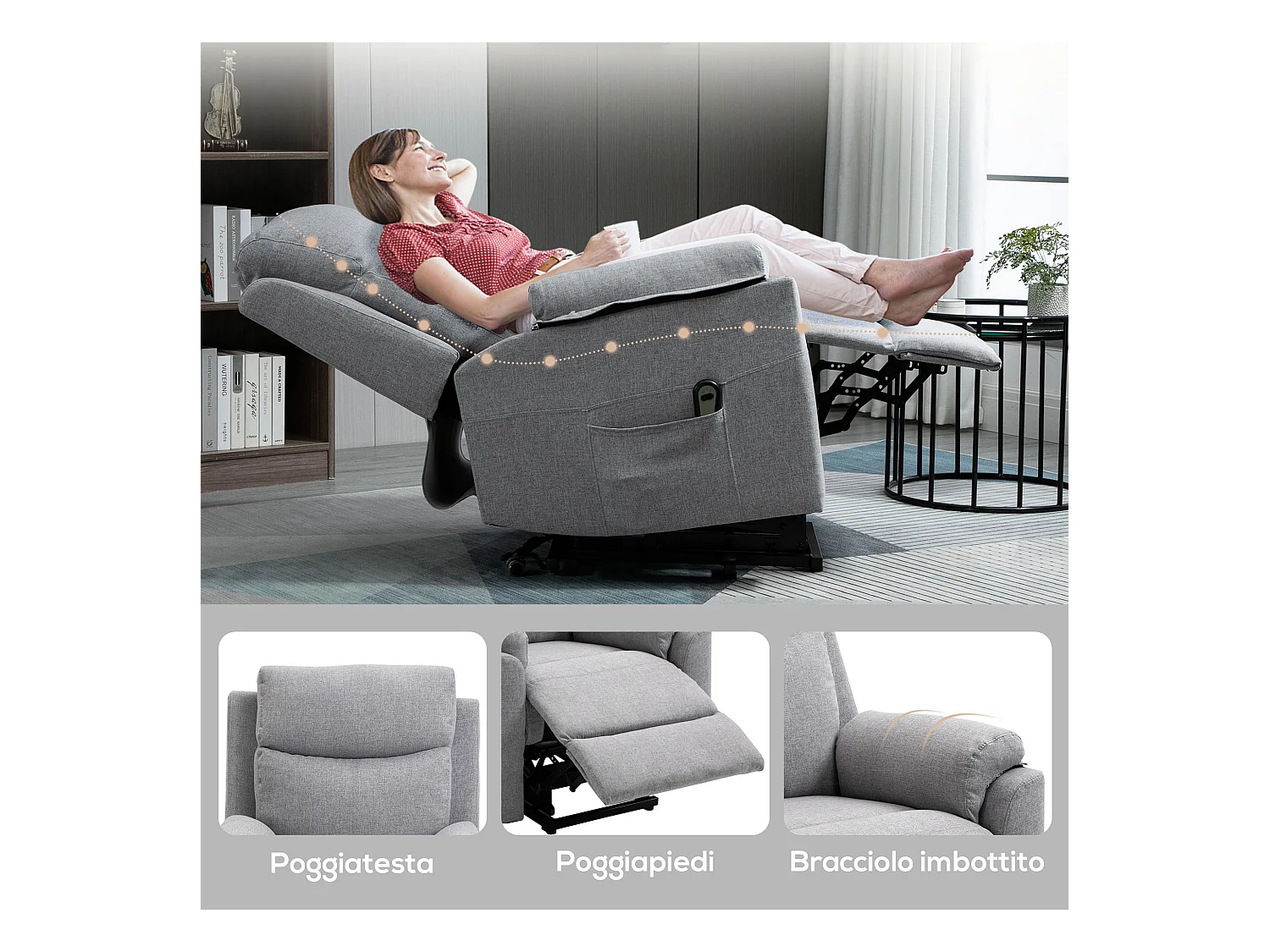 Poltrona alzapersona e reclinabile con telecomando in tessuto grigio