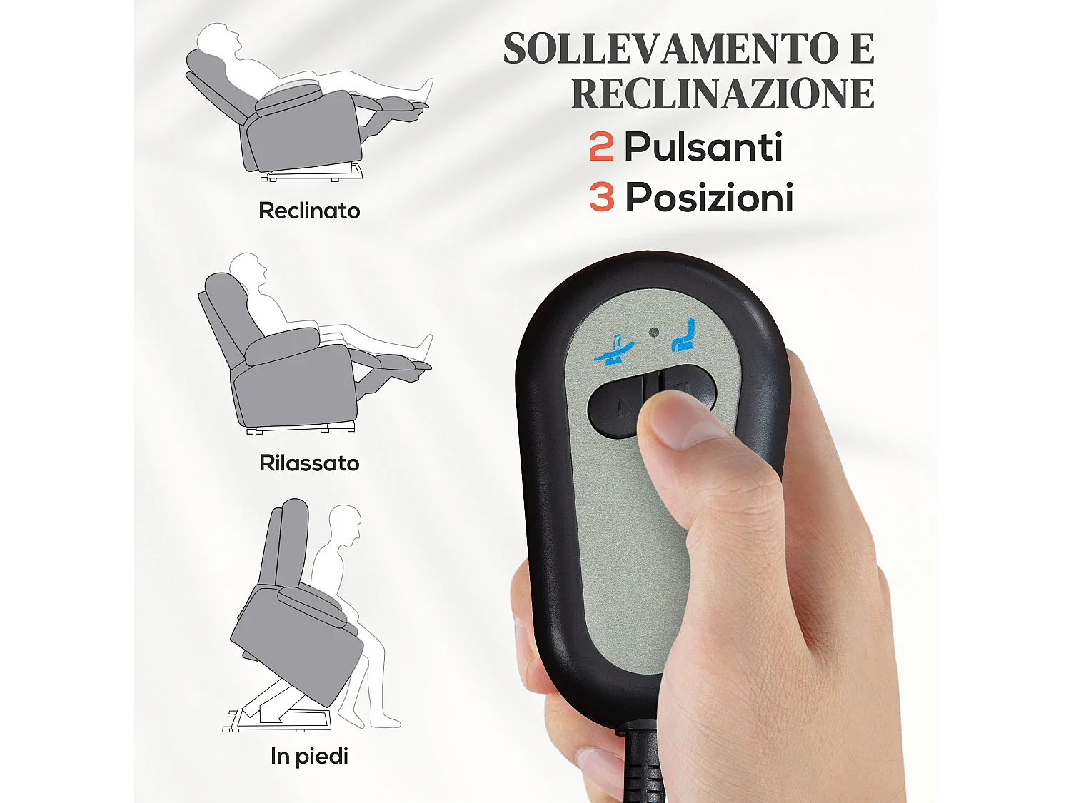 Poltrona alzapersona e reclinabile con telecomando in tessuto grigio