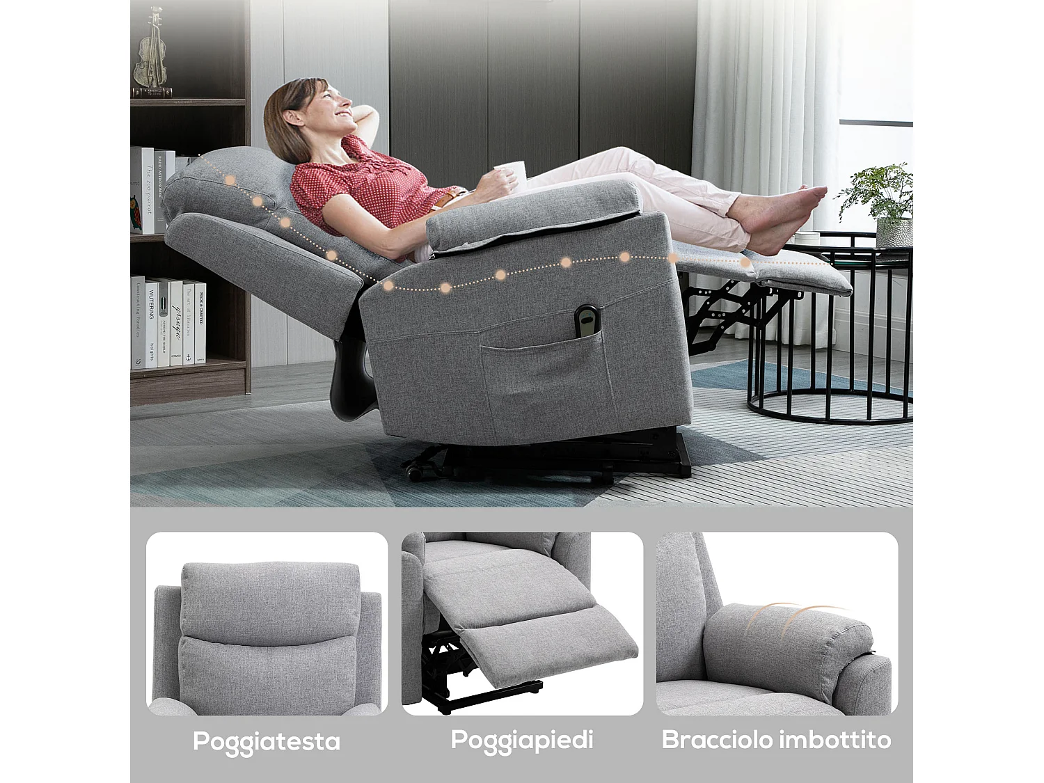 Poltrona alzapersona e reclinabile con telecomando in tessuto grigio