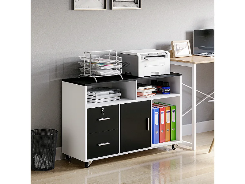 Mobile porta stampante multiuso con cassetti in legno nero e bianco