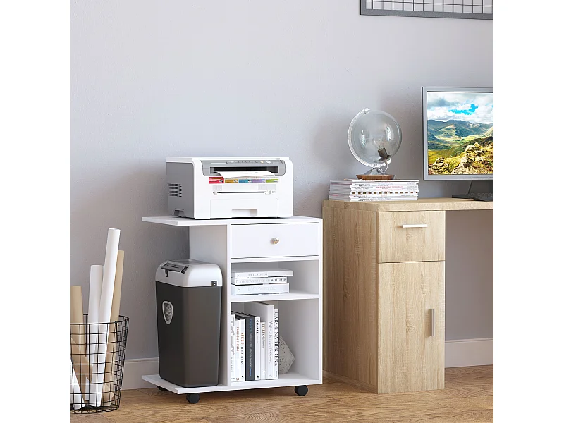 Mobile per stampante con 4 ruote e mensola in legno bianco