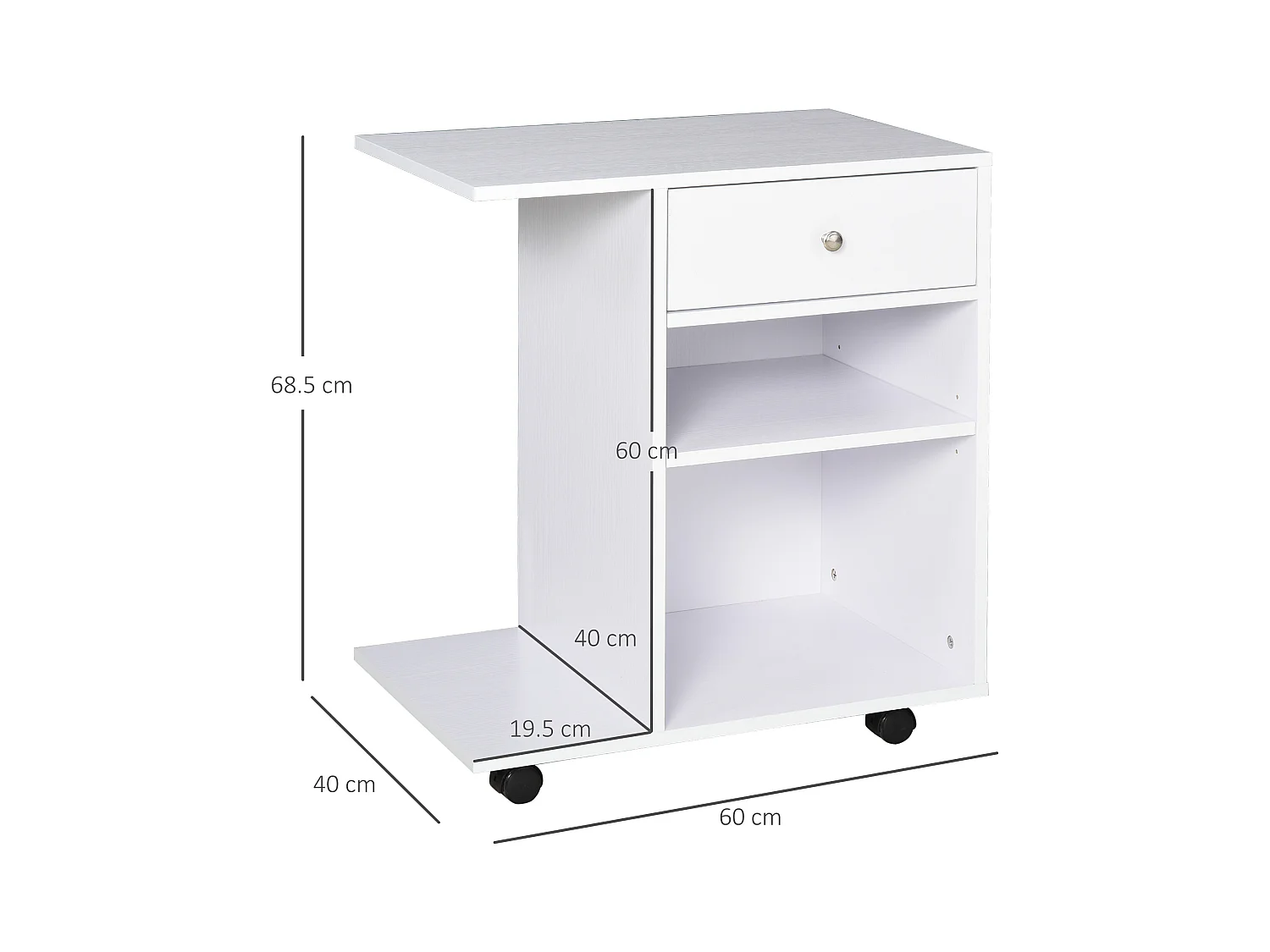 Mobile per stampante con 4 ruote e mensola in legno bianco